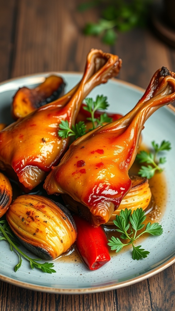 Crispy duck confit served with roasted vegetables on a rustic table.